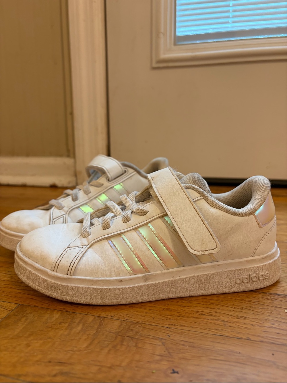 adidas Kids White Sneakers with Iridescent Stripes